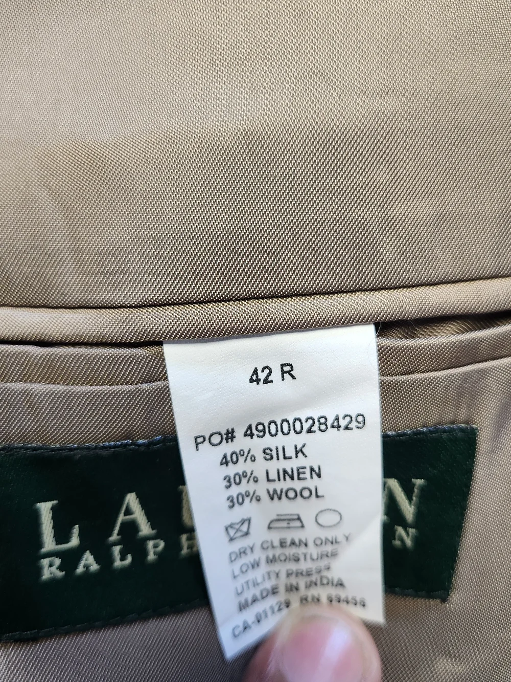 Lauren Ralph Lauren Sport Coat 42R Tan Beige Windowpane Silk Linen Wool slubby